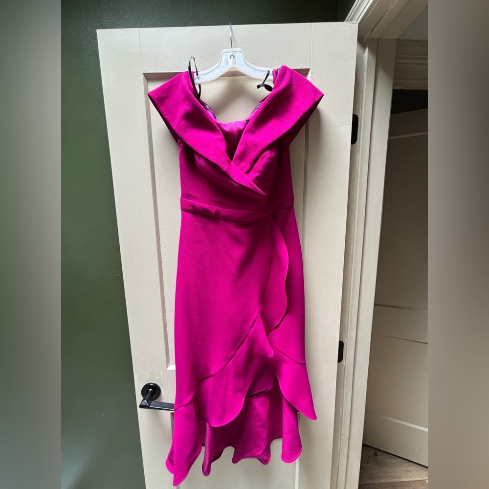 Xscape Fuchsia Off-Shoulder Midi Dress